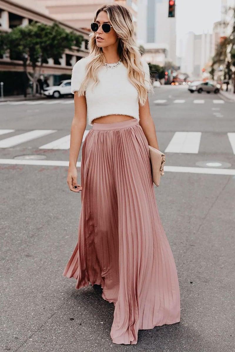 ebossy Women's High Waist Flowy Pleated Chiffon Maxi Skirt (Large, Pink) - Image 1
